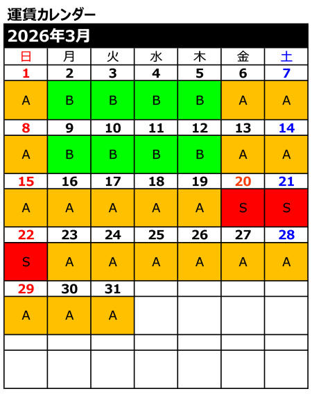 運賃カレンダー3月