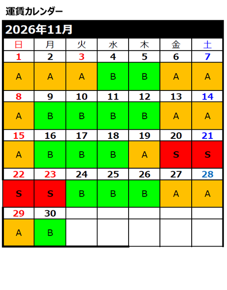 運賃カレンダー11月